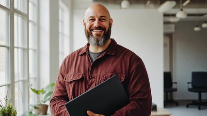 Wall Mural - Smiling bald businessman with beard holding laptop in modern office, confident professional in casual attire, leadership and workplace success concept