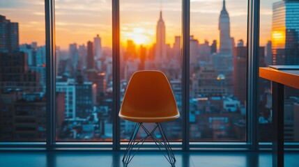 Wall Mural - Orange Chair with City Skyline at Sunset