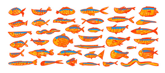 Aufkleber - Various crayon drawn cute red and yellow fish with decorative patterns. Hand drawn vector marine creatures. Doodle collection of kids’ fish icons, featuring salmon, tuna, eel, and other creatures.