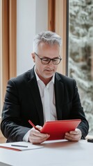 Aufkleber - Businessman focused on tablet in minimalist office with natural light and a serene outdoor view