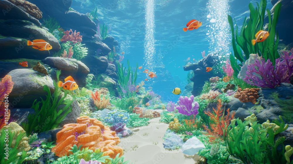 Cartoon underwater landscape, game level. Vector background with sea ...