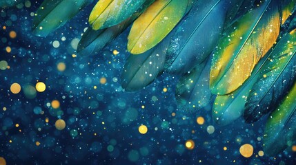 Parrot feather-inspired pattern on a frosty winter background, with shimmering snow and golden bokeh lights.