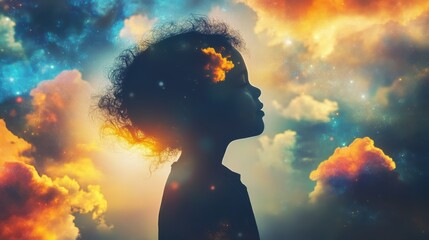 Leinwandbilder - Child in profile radiating light amidst a celestial backdrop filled with colors and clouds