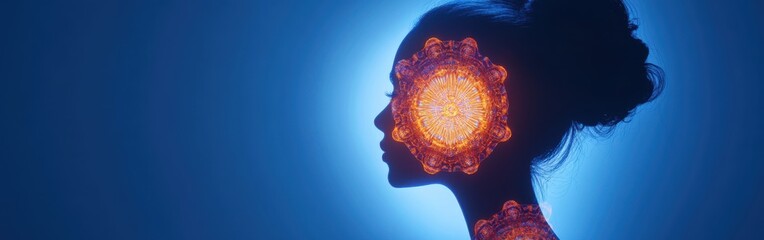 Poster - Surreal representation of a glowing woman with intricate patterns illuminating her silhouette against a blue backdrop