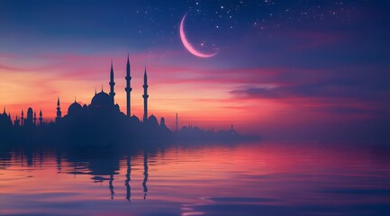 Wall Mural - Silhouette Cityscape Mosque Sunset Crescent Moon Stars