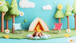 © NORN - Campfire Dreams: A whimsical 3D illustration of a cozy campsite, complete with a tent, crackling fire, and comfortable chairs, inviting viewers to escape into a world of carefree adventure.