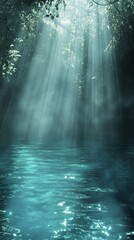 Poster - Captivating teal waters illuminated by soft sunlight beams in a mystical space filled with tranquility and natural beauty