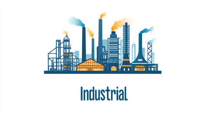 Wall Mural - Three flat industrial icons showing factories, plants or refineries with smokestacks or chimneys with polluting smoke and the word - Industrial, isolated on white background