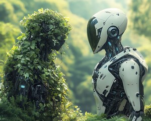 Aufkleber - A futuristic landscape with two humanoid robots, one cloaked in foliage and the other sleek metallic, facing each other in a vibrant, green natural setting