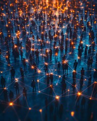 Aufkleber - A large group of people from diverse backgrounds connected by a glowing network of lines and dots, symbolizing global communication and digital unity