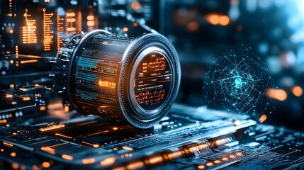 An advanced quantum computer interface showcasing real time big data analytics with holographic graphs entangled qubits and sophisticated digital visualizations