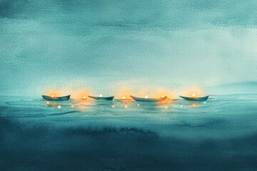 Wall Mural - serene waterscape with softly glowing boats at dusk, capturing tranquility and reflection in a dream