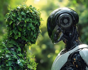 Aufkleber - Futuristic humanoid robots, one covered in foliage, the other sleek metallic, facing each other in a green, naturefilled background, symbolizing tech and nature