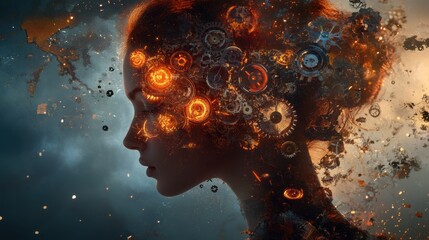 Poster - Conceptual visualization of a woman's profile with gears and fire representing creativity and innovation