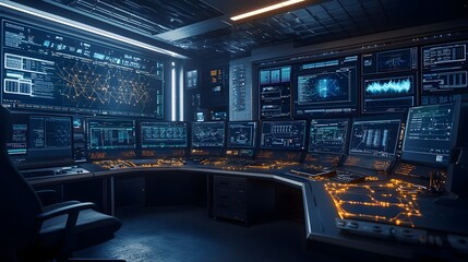 Wall Mural - futuristic control room interior featuring quantum computing systems integrated with cloud infrastru