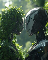 Aufkleber - Two futuristic humanoid robots, one enveloped in foliage and the other sleek metallic, standing facetoface in a vibrant greeneryfilled environment