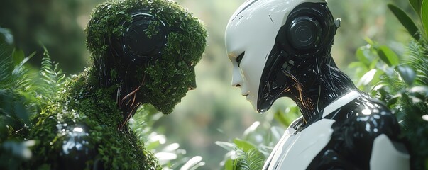 Aufkleber - Two humanoid robots, one camouflaged in foliage and the other sleek and metallic, standing face to face in a futuristic, lush green environment