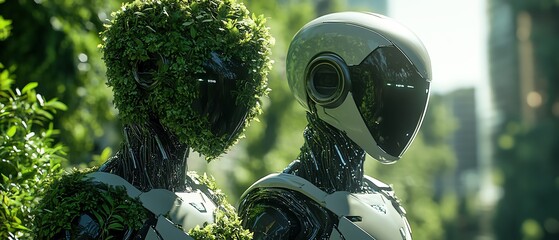 Aufkleber - Two humanoid robots, one covered in foliage and the other sleek metallic, standing in a futuristic landscape, surrounded by lush greenery and advanced technology