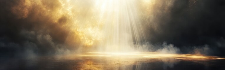Poster - Celestial display of soft white and gold illuminating a tranquil landscape at dawn