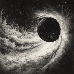 Poster - Black hole consuming a nearby star in a cosmic illustration with swirling cosmic matter