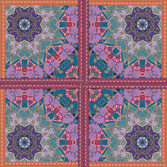 Canvas Print - Seamless patchwork pattern with bright mandalas on octagons. The images are created without the use of any artificial intelligence software at any stage.