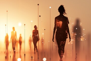 Wall Mural - silhouettes of individuals walking through a dreamlike urban landscape at sunset with tall light pol