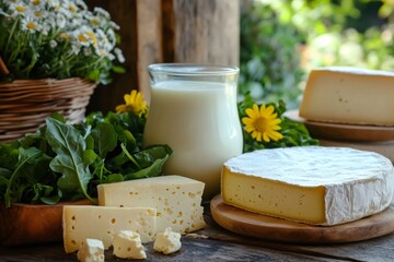 Various types of cheese, fresh milk and arugula displayed on rustic wooden table