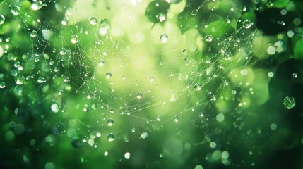 Poster - Dew glistens on spider web in serene forest during early morning light