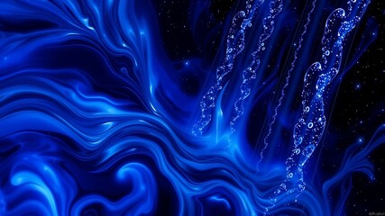 Wall Mural - abstract blue liquid swirls with glowing bubbles, representing energy and flow in a dark space.