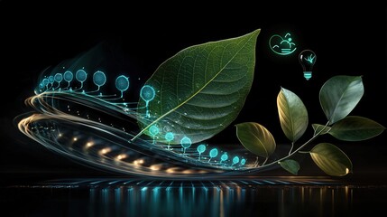 Wall Mural - A futuristic leaf design featuring glowing elements, symbolizing the fusion of nature and technology in a vibrant, dark environment.