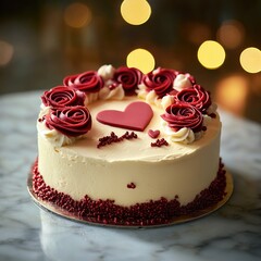 Wall Mural - White Cake with Red Roses and Heart