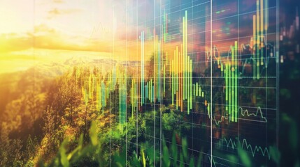Poster - Vibrant double exposure blending financial charts with a serene landscape at sunset