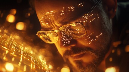 Focused man with digital overlay, studying circuit board, glowing particles background