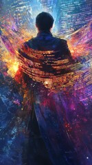Aufkleber - Vibrant man radiates energy amidst a swirl of colors and digital elements at twilight