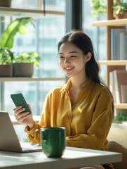 Aufkleber - Young woman enjoying a serene study space while using a smartphone and laptop with natural light streaming in