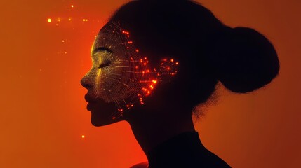Poster - Surreal silhouette of a woman illuminated by glowing patterns against an orange background