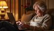 © ON - Studio - White senior engaged in online storytelling in warm-toned room, nostalgia
