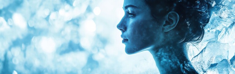Aufkleber - Serene portrait of a woman illuminated by blue tones in an ethereal setting