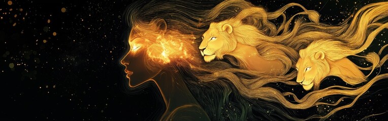 Aufkleber - Serene portrait of a woman with glowing features and lions flowing through her hair under a starry night sky