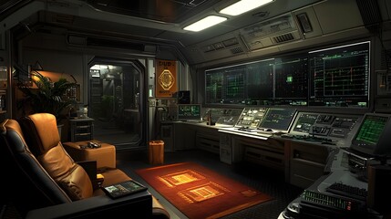 Wall Mural - a state of the art quantum computing control room featuring dynamic data analysis projections on tra
