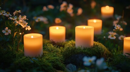 Aufkleber - Softly glowing candles nestled in moss with delicate flowers create a tranquil ambiance in a serene outdoor setting