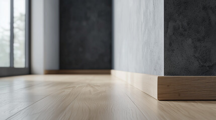 Close-up of modern wooden flooring and baseboard in a minimalistic interior with textured walls and natural light