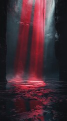 Poster - Dramatic contrast of deep red light illuminating dark cavern walls with mist and reflections creating a mysterious atmosphere