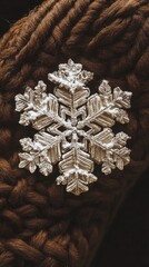 Poster - Close-up view of a stunning snowflake resting on dark textured fabric in winter