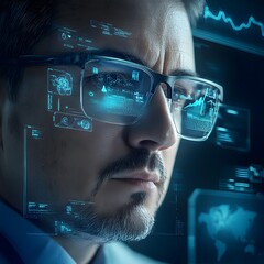 Wall Mural - close up view of a doctor or medical professional interacting with futuristic holographic screens an