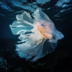 Wall Mural - jellyfish, glowing brightly against the dark ocean.