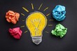 © tonstock - Creative ideas concept with a light bulb and crumpled paper, symbolizing innovation and problem-solving.