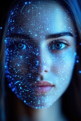 Wall Mural - Futuristic portrait with glowing data patterns on a young woman’s face, representing technology and digital identity.