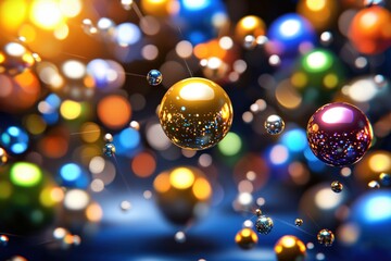 Poster - Colorful Abstract Background with Floating Shiny Spheres in Vibrant Light and Soft Bokeh Effects