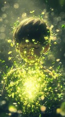 Poster - Glowing child surrounded by radiant plants in a mystical forest setting during golden hour
